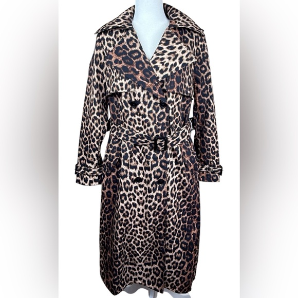 BCBGMaxazria Trench Coat Leopard Print Brown Black Medium - Picture 4 of 13